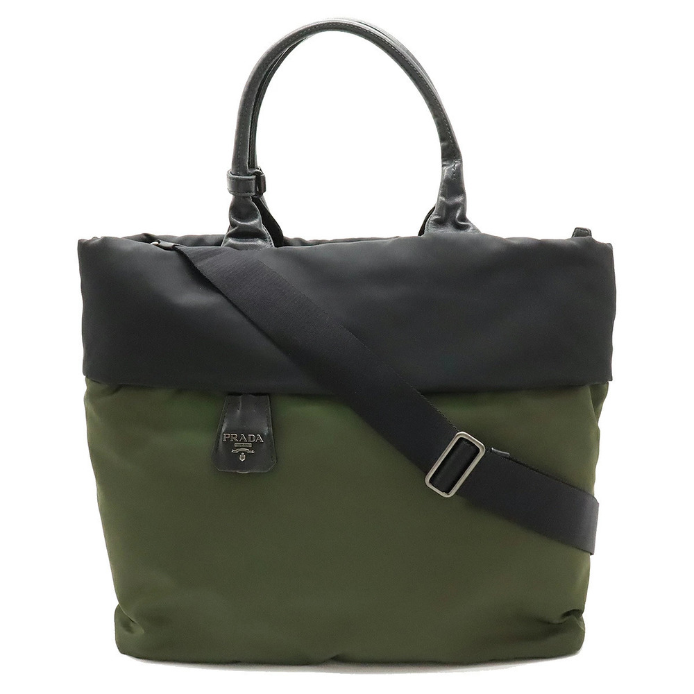 Prada TESSUTO DOUBLE Tote Bag Shoulder Reversible Leather NERO Black Khaki Green